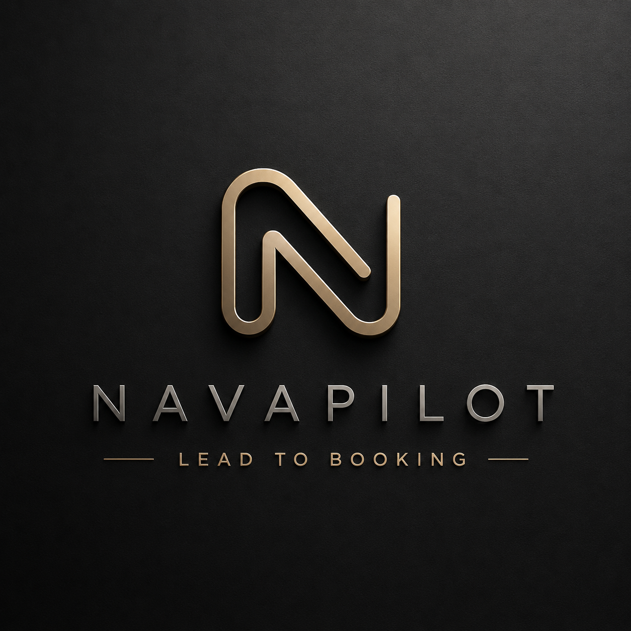 Navapilot gold monogram and Lead to Booking wordmark on charcoal
